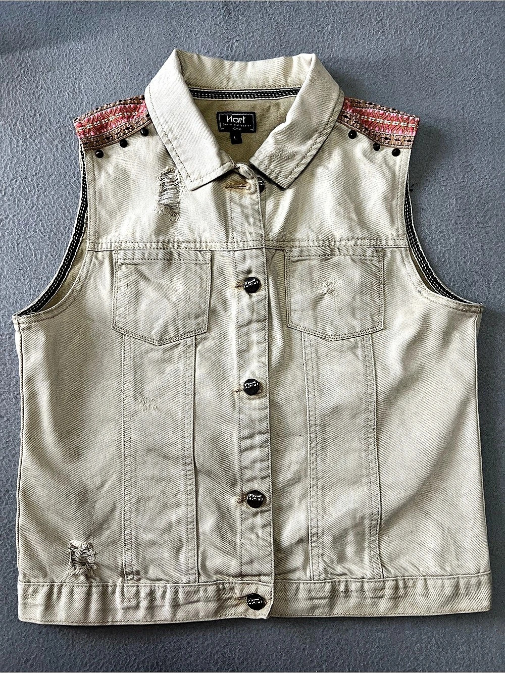Hart Vintage Denim Collection Embroidered Denim Vest in Cream Large